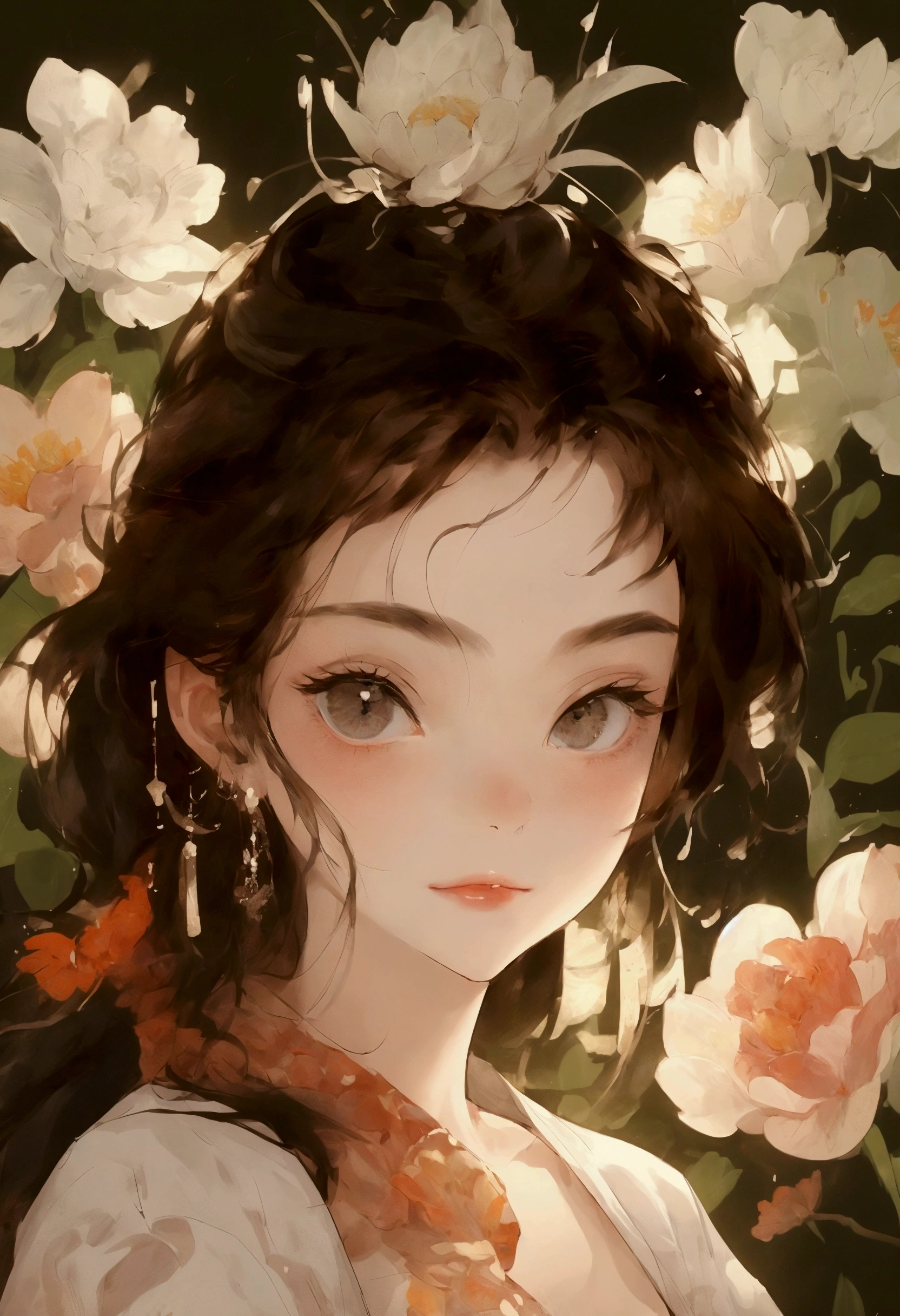 Romantic illustrations,sparkling eyes, Gorgeous girl Surrounded by peony and plants, Lace bow, detailed facial features, by Guo Pei, by Yan Jun Cheng, in the style of delicate floral surrealism, delicate realism, dreamlike quality,