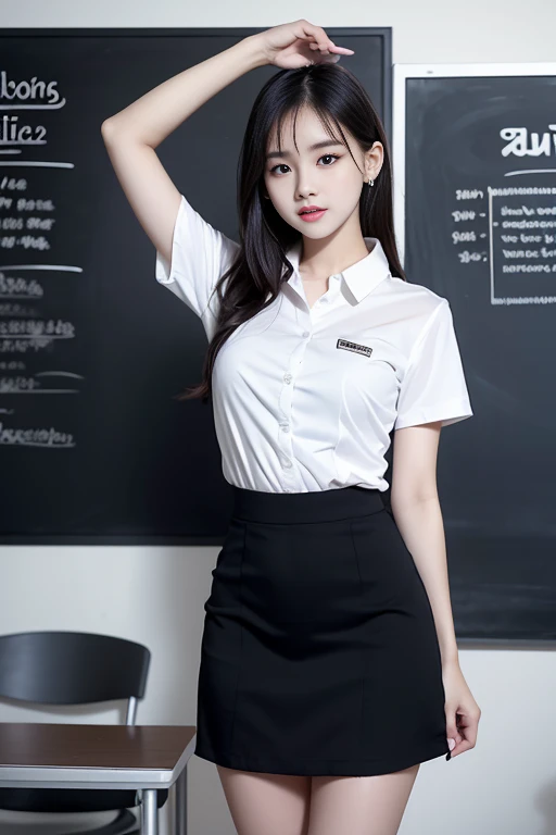 realistic editorial photo of beautiful sexy white skin thai woman net idol 18 yrs old in white short sleeve shirt and black short fit mini skirt, writing text "Ai Angel Gallery" on blackboard in the classroom, soft light