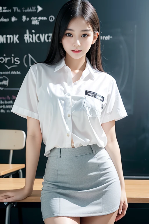 realistic editorial photo of beautiful sexy white skin thai woman net idol 18 yrs old in white short sleeve shirt and black short fit mini skirt, writing text "Ai Angel Gallery" on blackboard in the classroom, soft light