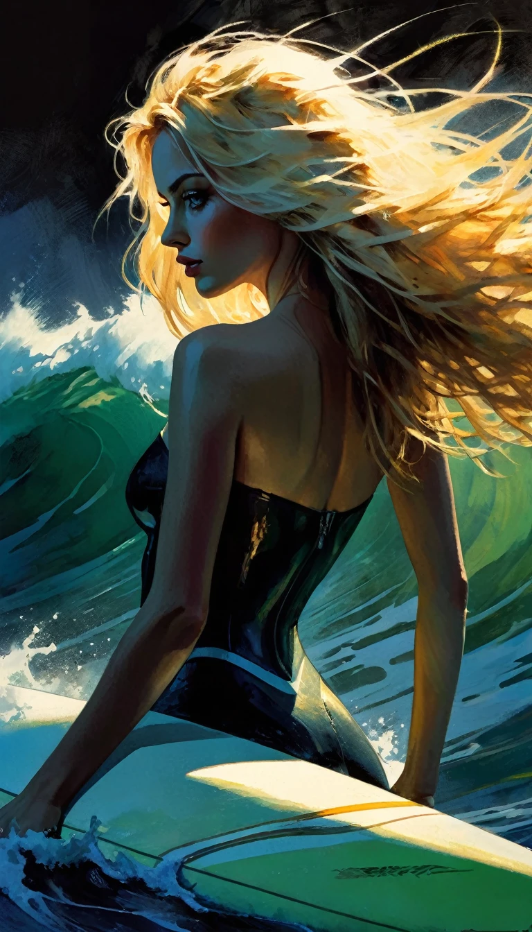 Woman, riding a surfboard, hand on the wave, very big wave, long blonde hair, sexy, messy hair,bikini, green eyes, bright pupils, sun (unparalleled beauty: 1.5), rear view, portrait, sharp focus , perfect hands, perfect light, eroticism, sexy, oil painting, sensual, photorealistic, intricate details, masterpiece, ultra detailed, high quality, 8k, best quality, realistic, cinematic, expressionist, powerful composition, emotional impact, art inspired by Bill Sienkiewicz
