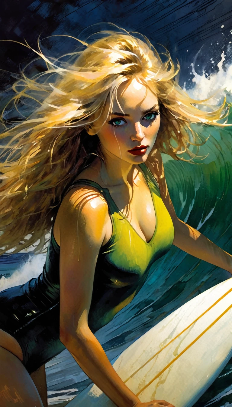 woman, riding a surfboard, hand on the wave, very big wave, long blonde hair, sexy, messy hair, green eyes, bright pupils, (unparalleled beauty: 1.5), rear view, portrait, (blush: 1.2 , expression of a girl in love: 1.3), sharp focus, perfect hands, perfect light, eroticism, sexy, between shadows, oil painting, chiaroscuro, sensual, dramatic lighting, moody atmosphere, photorealistic, intricate details, masterpiece, ultra-detailed, high quality, 8k, best quality, realistic, cinematic, dark and brooding, expressionistic, powerful composition, emotional impact, Bill Sienkiewicz inspired art
