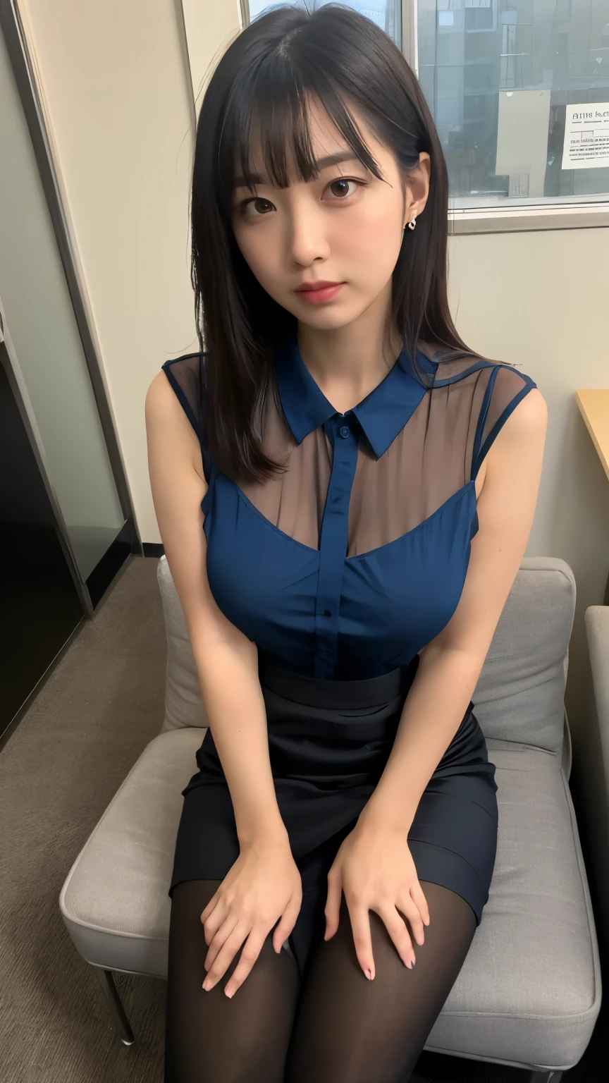 (((8k、High resolution、Highest quality、High resolution)))alone、Natural body shape、White skin、Business Makeup、((Black Hair、bangs、Straight Long Hair))、((()))、、(:1.4)、(())、(((((Full body photo)))))、(((Focus on work)))、(((Wear a sheer satin blouse on your upper body)))、office、(((忙しいoffice))) 、((White sleeveless shiny blouse))、((See through:1.3))、((Navy blue slit tight skirt、mini skirt、Ultra-realistic pantyhose))、、、Sulky look、((Bare thighs))