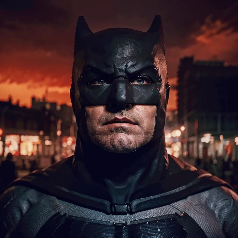 Batman The Caped Crusader, perfect anatomy, perfect symmetrical face, serious expression, red sky over a shadowy city.