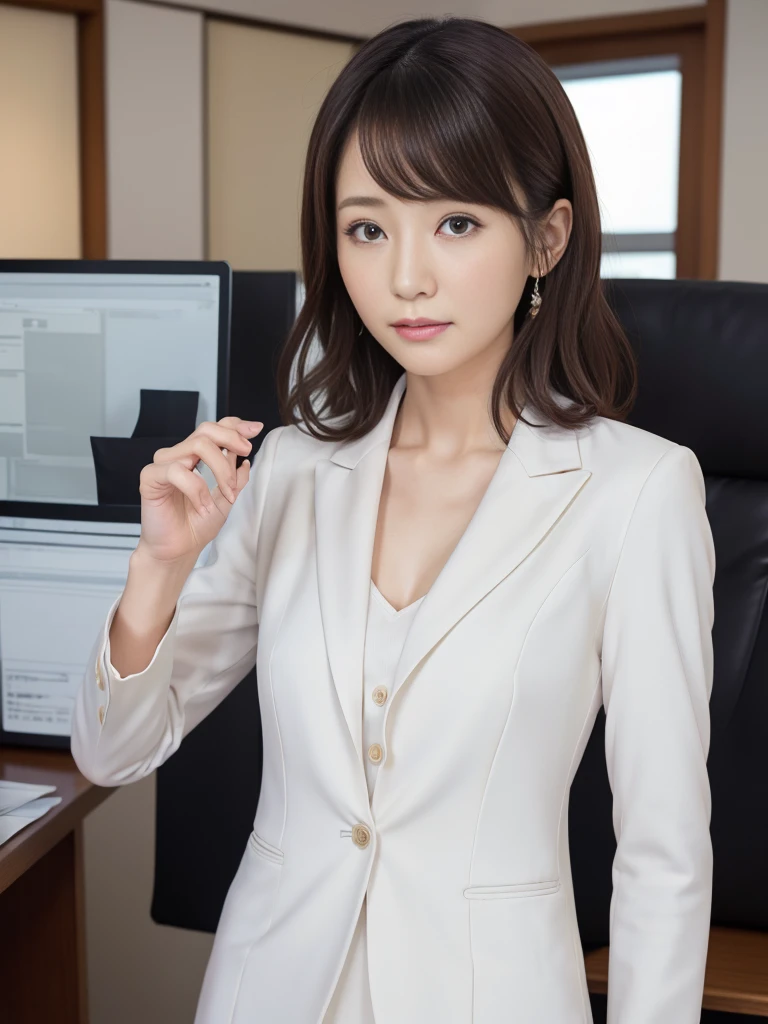 suit,2. Women,Realistic,(超high quality:1.2),Japanese,high quality,masterpiece,(Super detailed:1.4),40yo Japanese lady,Beautiful Face,(Really good:1.4),(skirt-suit:1.1),((office)),(Small breasts),thin,High resolution,