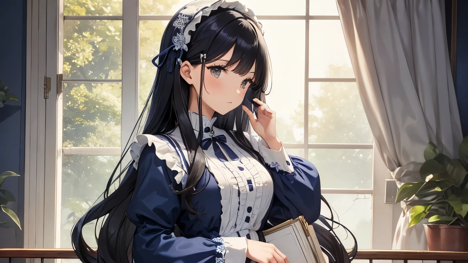 A beautiful woman wearing a navy blue and white long-sleeved puff-sleeved dress with lots of frills and lace Long black hair with hair ornament Upper Body