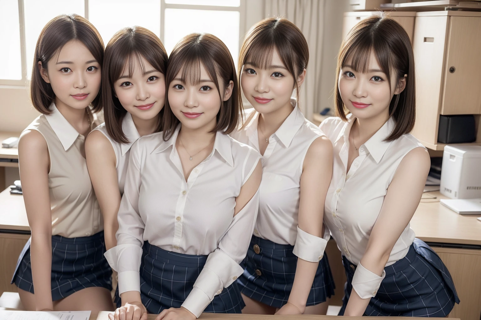 ((Highest quality, 8k, Masterpiece Details, Ultra-high resolution)), (Looking at the audience), (Full Shot:), 魅力的なビジネス 5-peopleの女の子, 5-people, Slender:0.25, A white, sleeveless, see-through, tight shirt with buttons on the collar and chest., Grey tight skirt, (sitting at a desk in an office), smile, CEO's Office,Big Breasts、Erect nipples、 in Japan:1.3), Adorable expression、Expressions of happiness、10 years old、height: 1ce、Amazingly cute、Cute type