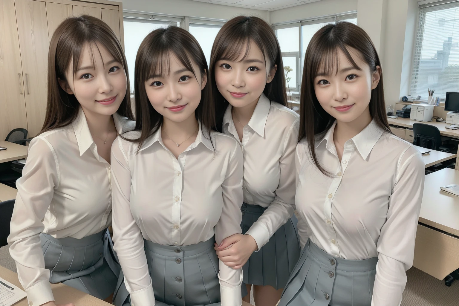 ((Highest quality, 8k, Masterpiece Details, Ultra-high resolution)), (Looking at the audience), (Full Shot:), 魅力的なビジネス 5-peopleの女の子, 5-people, Slender:0.25, A white, sleeveless, see-through, tight shirt with buttons on the collar and chest., Grey tight skirt, (sitting at a desk in an office), smile, CEO's Office,Big Breasts、Erect nipples、Elementary school girl in Japan:1.3), Adorable expression、Expressions of happiness、10 years old、height: 145cm、Baby Face、Amazingly cute、Cute type