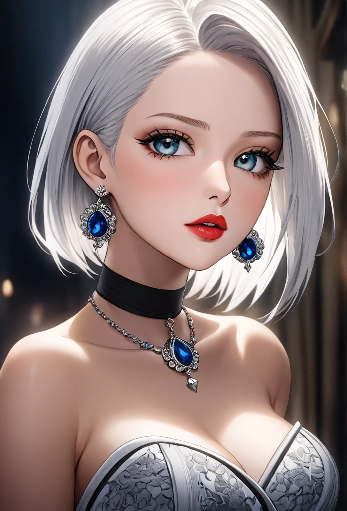 A beautiful young woman, 1girl, hourglass figure, seductive pose, wearing jujutsu kaisen strapless dress, silky blunt white hair, heavy silver jhumka earrings, necklace ,cleavage, detailed face with stunning eyes, full lips, flawless makeup, dark cinematic lighting, dramatic photorealistic effect, masterpiece-level 8K rendering, ultra-detailed, realistic, photo-realistic, HDR, UHD, studio lighting, ultra-fine painting, sharp focus, physically-based rendering, extreme detail description, professional, vivid colors, bokeh, face makeup