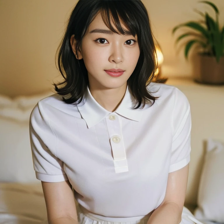 (Masterpiece, Best quality:1.4), (Ultra realistic, Photo-realistic:1.2), Full body, Kneeling, (Arms behind back:1.2), Looking at viewer, Natural light, 20 years old actress, Japanese women, Neat and clean, ((Wearing white tennis uniform, White short-sleeve polo shirt with collar, Not buttoning the polo shirt, White pleated tennis skirt:1.3)), Wearing white sock, (Ponytail:1.2), Short wavy hair, Black hair color, (Beautiful face), Oval face, clear, (Beautiful eyes, Kind eyes), (Clear skin), Small face, (Beautiful mouth, Small mouth), Natural makeup, Approachable, Seductive smile, (Seductive pose:1.2), (Beautiful thighs:1.1), Bedroom eyes, Embarrassed, Blush, Luxury hotel Suite room,On bed,
