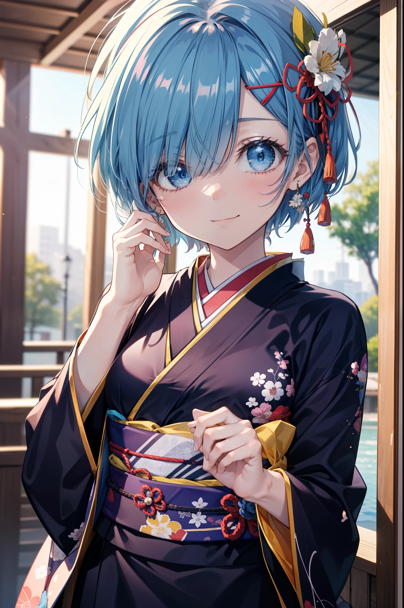 rezeroRem, Rem, blue eyes, Blue Hair, hair ornaments, Hair on one eye, hair ribbon, short hair, x hair ornaments,Blue Kimono,smile,blush,Open your mouth,whole bodyがイラストに入るように,evening,sunset,The sun is setting,日本のfestival,夏festivalの屋台,Red lantern,片手で棒がついた綿菓子を持っていり
break outdoors, festival,
break looking at viewer,whole body, (Cowboy Shot:1. 5),
break (masterpiece:1.2), Highest quality, High resolution, unity 8k wallpaper, (figure:0.8), (Beautiful attention to detail:1.6), extRemely detailed face, Perfect lighting, extRemely detailed CG, (Perfect hands, Perfect Anatomy),