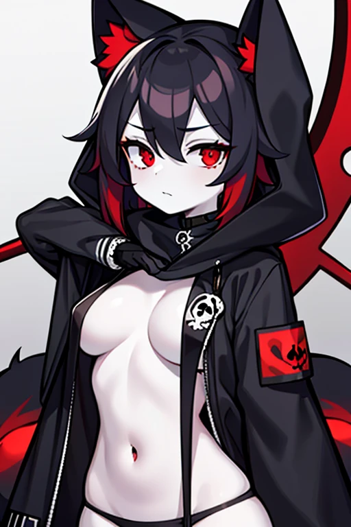 masterpiece, The best quality, 1 girl, death, La death, scythe, Red eyes, tenure, black hood, skull, stomach, expressionless, officer,pale skin, dark furry suit