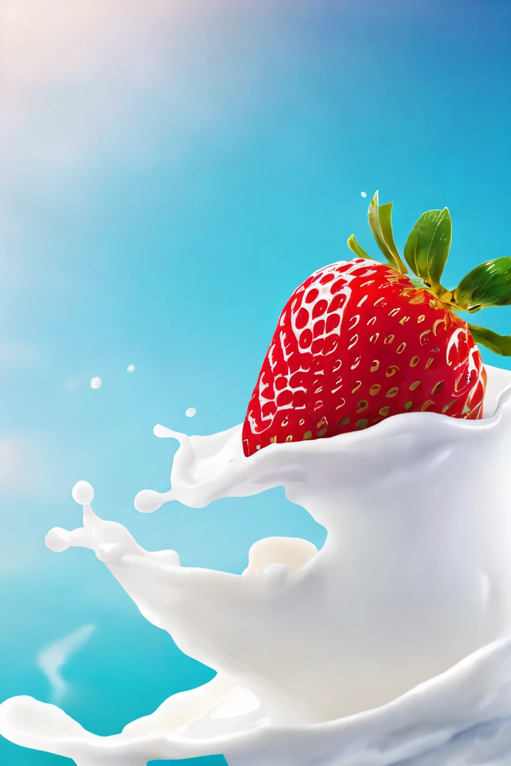 A strawberry drifting on the sea of milk cream, best quality, 8k, high resolution, detailed, realistic, 