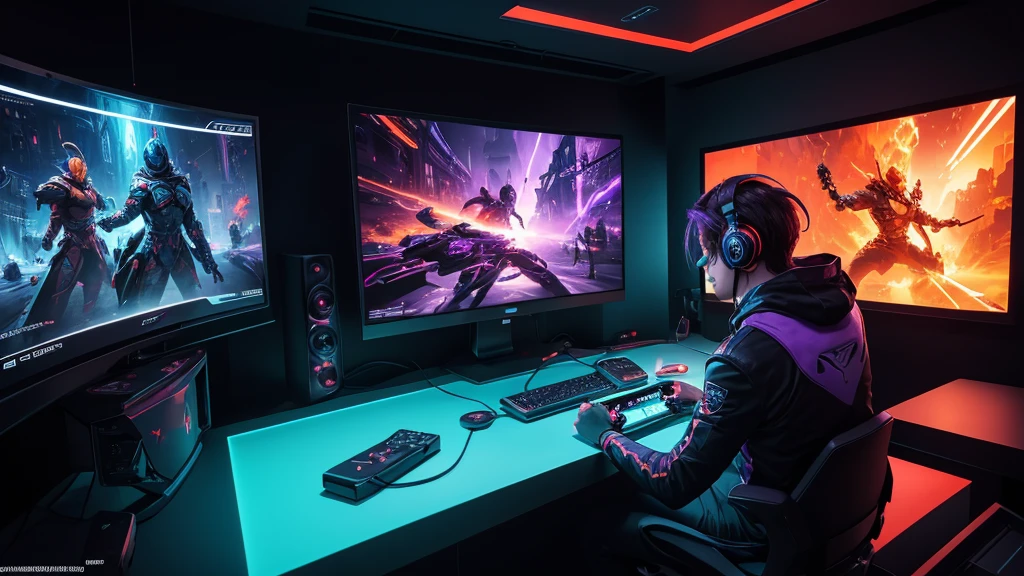 (best quality,4k,8k,highres,masterpiece:1.2),ultra-detailed,(realistic,photorealistic,photo-realistic:1.37),inside view of gaming room at evening,(colorful,nicely-toned:turquoise,blue,purple,orange,red) night, [Silhouette] of a person sitting at a futuristic gaming setup, illuminated by the vibrant glow of RGB LED lights. [Multiple monitors] displaying intense action scenes from virtual worlds. [Sleek, modern design:1.1] of the gaming console, with a polished finish and metallic accents. The room is filled with [a sense of excitement], as the person's eyes are [bright and focused:1.1] on the screen, reflecting the captivating gameplay. The atmosphere exudes [energy and intensity], enhanced by the [subtle smoke effects:0.9] floating in the air. In the background, [stylish posters and artworks] adorn the walls, showcasing iconic gaming characters and immersive landscapes. The room is bathed in [dynamic, vibrant lighting:1.1], casting [striking shadows and highlights] on the gamer's face and surroundings. The color scheme transitions from deep blues and purples to fiery oranges and reds, creating a [dreamlike ambiance]. The scene captures the thrill and immersion of the gaming experience, inviting the viewer to join this captivating virtual realm.
