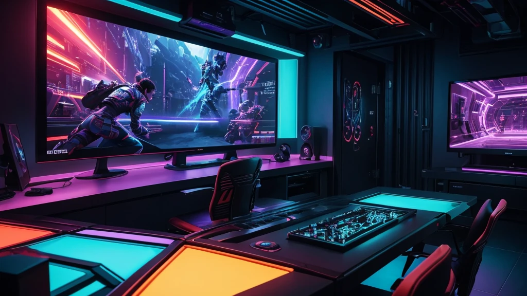 (best quality,4k,8k,highres,masterpiece:1.2),ultra-detailed,(realistic,photorealistic,photo-realistic:1.37),inside view of gaming room at evening,(colorful,nicely-toned:turquoise,blue,purple,orange,red) night, [Silhouette] of a person sitting at a futuristic gaming setup, illuminated by the vibrant glow of RGB LED lights. [Multiple monitors] displaying intense action scenes from virtual worlds. [Sleek, modern design:1.1] of the gaming console, with a polished finish and metallic accents. The room is filled with [a sense of excitement], as the person's eyes are [bright and focused:1.1] on the screen, reflecting the captivating gameplay. The atmosphere exudes [energy and intensity], enhanced by the [subtle smoke effects:0.9] floating in the air. In the background, [stylish posters and artworks] adorn the walls, showcasing iconic gaming characters and immersive landscapes. The room is bathed in [dynamic, vibrant lighting:1.1], casting [striking shadows and highlights] on the gamer's face and surroundings. The color scheme transitions from deep blues and purples to fiery oranges and reds, creating a [dreamlike ambiance]. The scene captures the thrill and immersion of the gaming experience, inviting the viewer to join this captivating virtual realm.