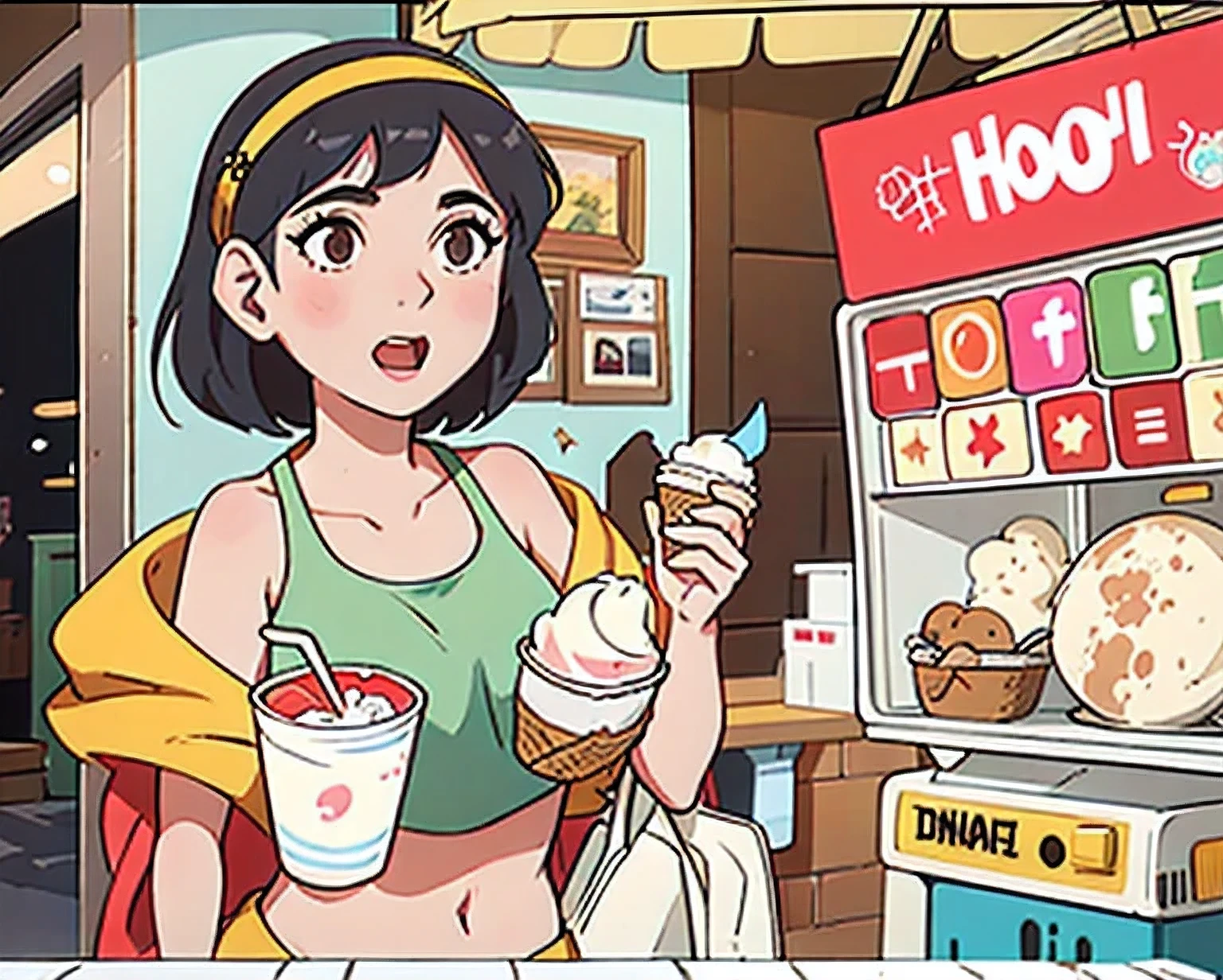 girl in a bikini eating an ice cream cone, eating ice cream, in a bikini, angela white, giorgia meloni, katy perry, in bikini, eating ice - cream, wearing spandex bikini, ice cream on the side, bikini, ice cream, wearing a bikini, candid photo of dirty, shiny plastic bikini, candid shot, cone, 1 girl, solo,in a green dress standing by a wall,portrait of female idol
