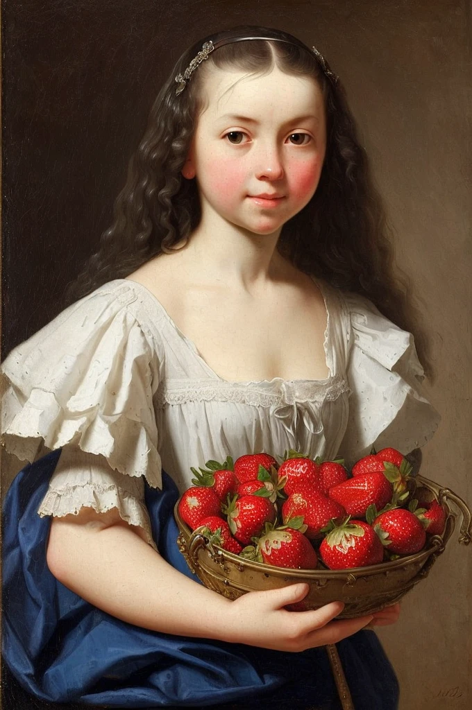 Girl with strawberry, correct details, 17th century, ((nicolaes maes detailing)), ((best quality)), ((masterpiece)), ((realistic)), (extreme detailing), ((nicolaes maes style))