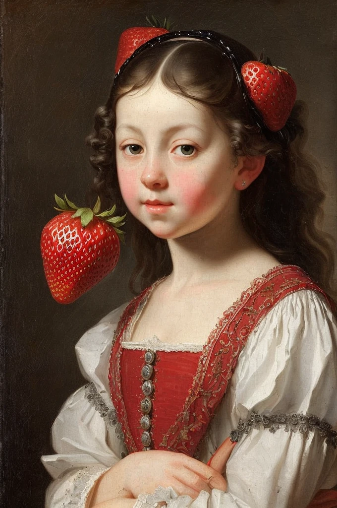 Girl with strawberry, correct details, 17th century, ((nicolaes maes detailing)), ((best quality)), ((masterpiece)), ((realistic)), (extreme detailing), ((nicolaes maes style))