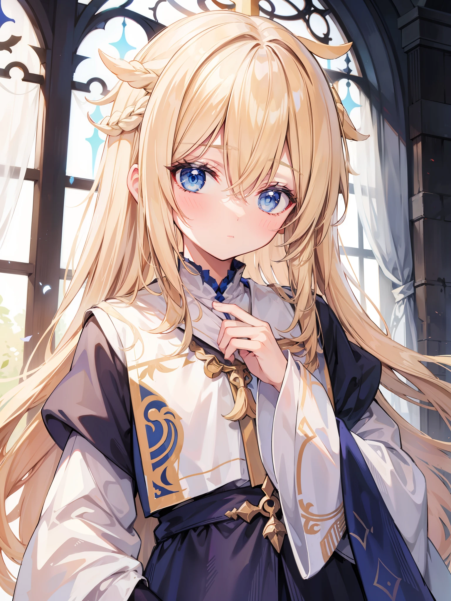 priestess, blonde hair, blue eyes, long hair, hair between eyes,