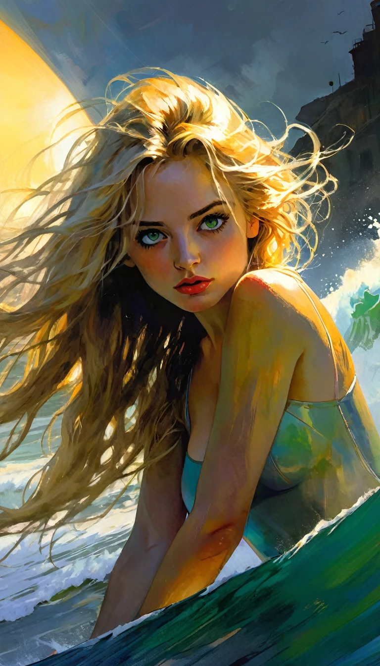 (photorealistic:1.9), (realistic photographic style:1.9), (hyperrealistic), (complexity). Amazing photorealistic portrait of a beautiful woman, long blonde hair, slim, small breasts, bored, spectacular tropical beach in the background, dynamic pose, bikini suit (masterpiece:1.3), (best quality:1.3), (very aesthetic: 1.3), (absurdities:1.3), (detailed background),newer,AI generated, (realistic:1.9), [[(ultra high detail:1.1), (sharp focus:1.1), (refined edges:1.1) , (HD clarity: 1.1), (precise details: 1.2), (rich texture): 0.3], (sharp details), (more micro details, more small details: 1.3)], ((high-definition eyes: 1.2), (realistic eyelashes: 1.2), (soft eye shading), (precisely defined iris: 1.1), precise details, precise micro detailed eyes), realistic, absurd,Woman, blonde hair, long hair, thin waist, small breasts, light skin, Kaffe Fassett style, Stephen Mackey style, art inspired by Bill Sienkiewicz and Dave McKean
