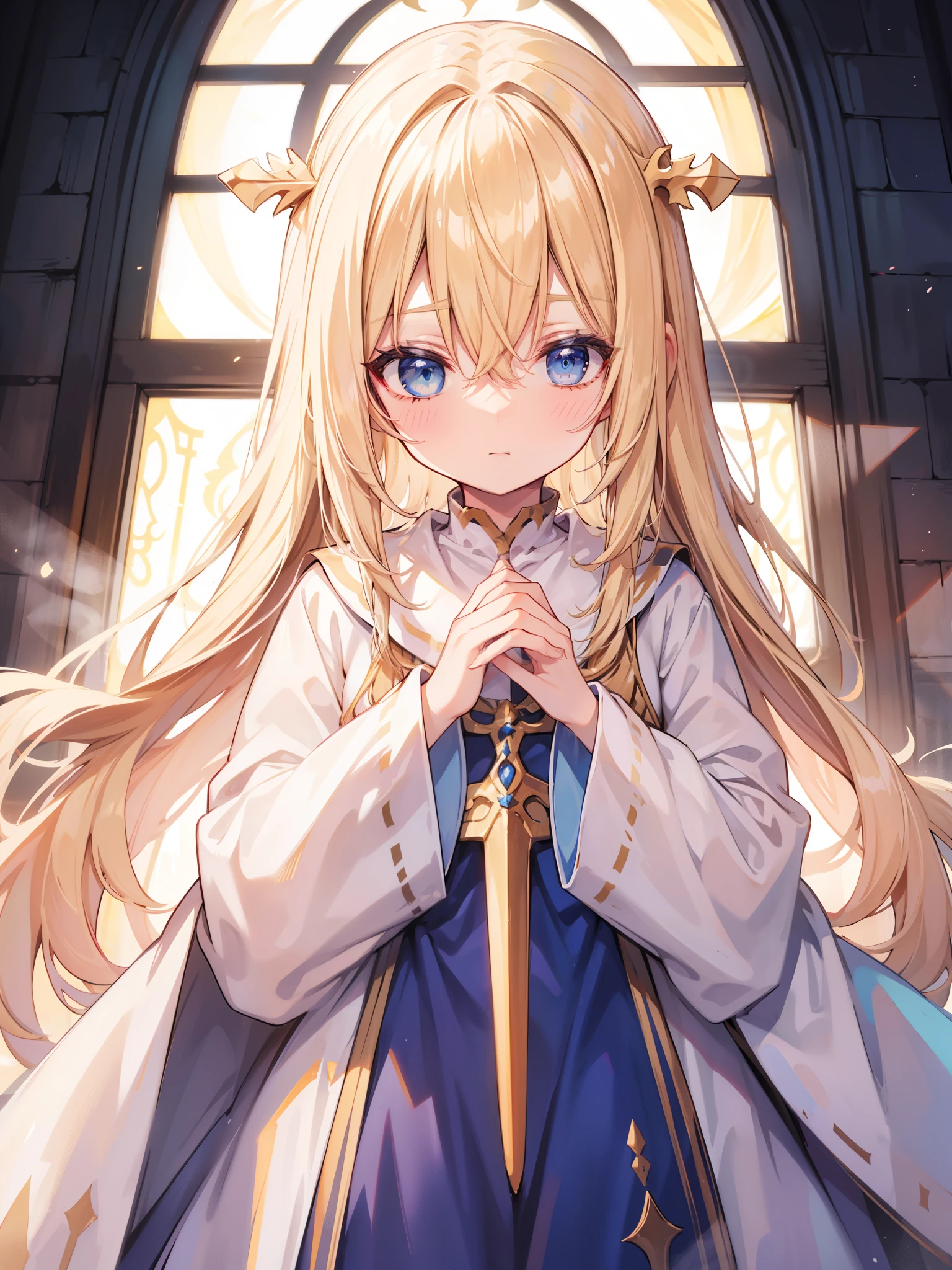 priestess, blonde hair, blue eyes, long hair, hair between eyes,