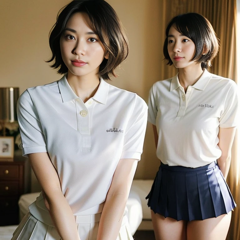 (Masterpiece, Best quality:1.2), (Ultra realistic, Photo-realistic:1.2), Full body, Kneeling, (Arms behind back:1.2), Looking at viewer, Natural light, 30 years old actress, Japanese women, Neat and clean, ((Wearing white tennis uniform, White short-sleeve polo shirt with collar, Not buttoning the polo shirt, White pleated tennis skirt:1.3)), Wearing white sock, (Ponytail:1.2), Short wavy hair, Black hair color, (Beautiful face), Oval face, clear, (Beautiful eyes, Kind eyes), (Clear skin), Small face, (Beautiful mouth, Small mouth), Natural makeup, Approachable, Seductive smile, (Seductive pose:1.2), (Beautiful thighs:1.1), Bedroom eyes, Embarrassed, Blush, Luxury hotel Suite room,On bed,