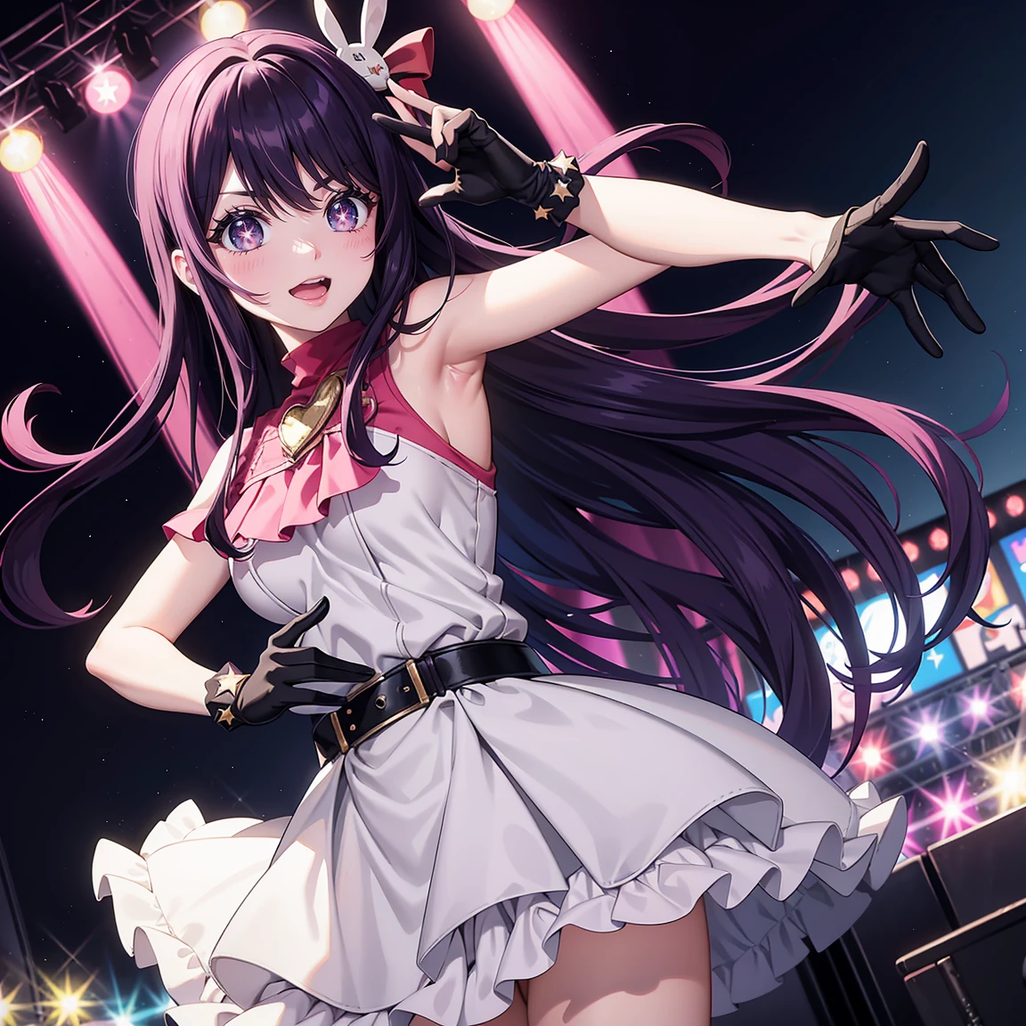 Ai Hoshino, Ai Hoshino, hair between eye, hair ornament, Hair Ribbon, Long hair, one side up, (Purple eyes), Purple hair, rabbit hair ornament, (star-shaped pupils:1.5), symbol-shaped pupils,Brake belt, Black belt, brooches, Dress, Pink dress, frilly dress, Ruffled gloves, frilld, gloves, heart brooch, idol, idol clothes, Jewelry, Pink gloves, Red Ribbon, bow ribbon, turtleneck dress,BREAK looking at viewer,Break indoors,BREAK (masutepiece:1.2), Best Quality, High resolution, Unity 8k Wallpaper, (Illustration:0.8), (Beautiful detailed eyes:1.6), extra detailed face, Perfect Lighting, extremely details CG, (Perfect hands, Perfect Anatomy),Smile with open mouth、Concert Venues、live house、stage、cowboy shot, bottomless, pussy,
