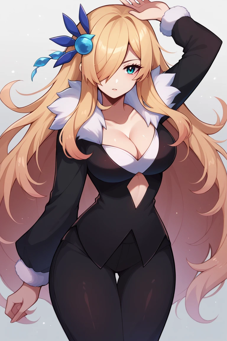 score_9, score_8_up, score_7_up, BREAK 1girl, solo, breasts,  defCyn, very long hair, hair over one eye, hair ornament, fur collar, cleavage, black gown, long sleeves, black pants,