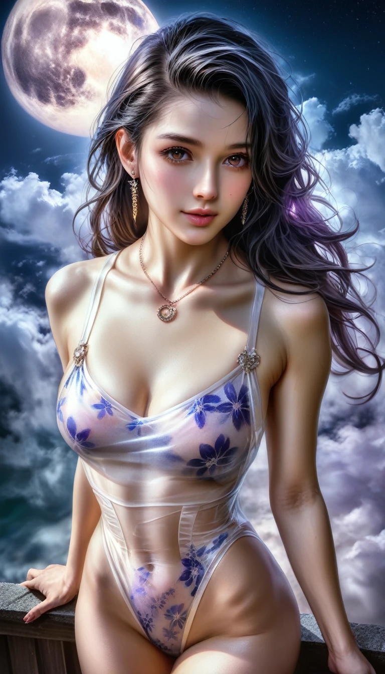 score_9, score_8_superior, score_7_superior, A masterpiece in 32K resolution,Highest quality,it is really amazing,Very detailed,Ultra-high resolution,(Ultra-realistic:1.5),(Realistic:1.5),Increased depth of field,Cinematic lighting,
(Elegant adult Japanese woman:1.1),
Long black hair,Ultra-detailed and beautiful face,(Gentle expression:1.1),Translucent white skin,(Realistic skin texture:1.1),
(Sexy Swimwear:1.1),
Bold design,Artistic design,Beautiful and detailed pattern,Detailed fabric texture,
Gorgeous necklace,Earrings,
Coastline at night,(Giant Moon:1.1),(Dark clouds floating in the dark night sky:1.1),
High angle,