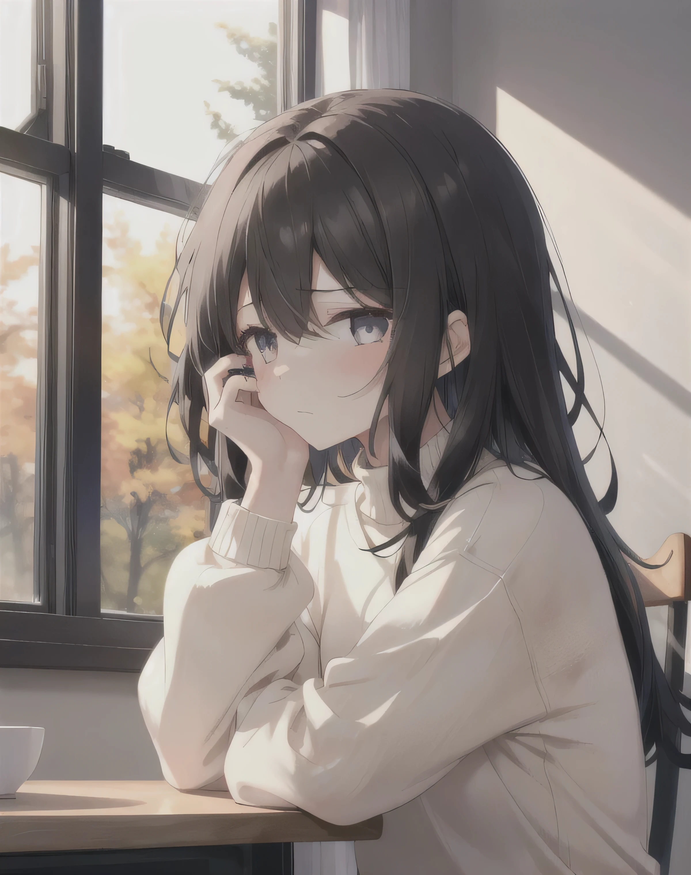 a girl with dark hair, sitting by the window leaning on the table with one hand, sunlight falling on her, sad expression, wearing a sweater, black nails, looking out the window