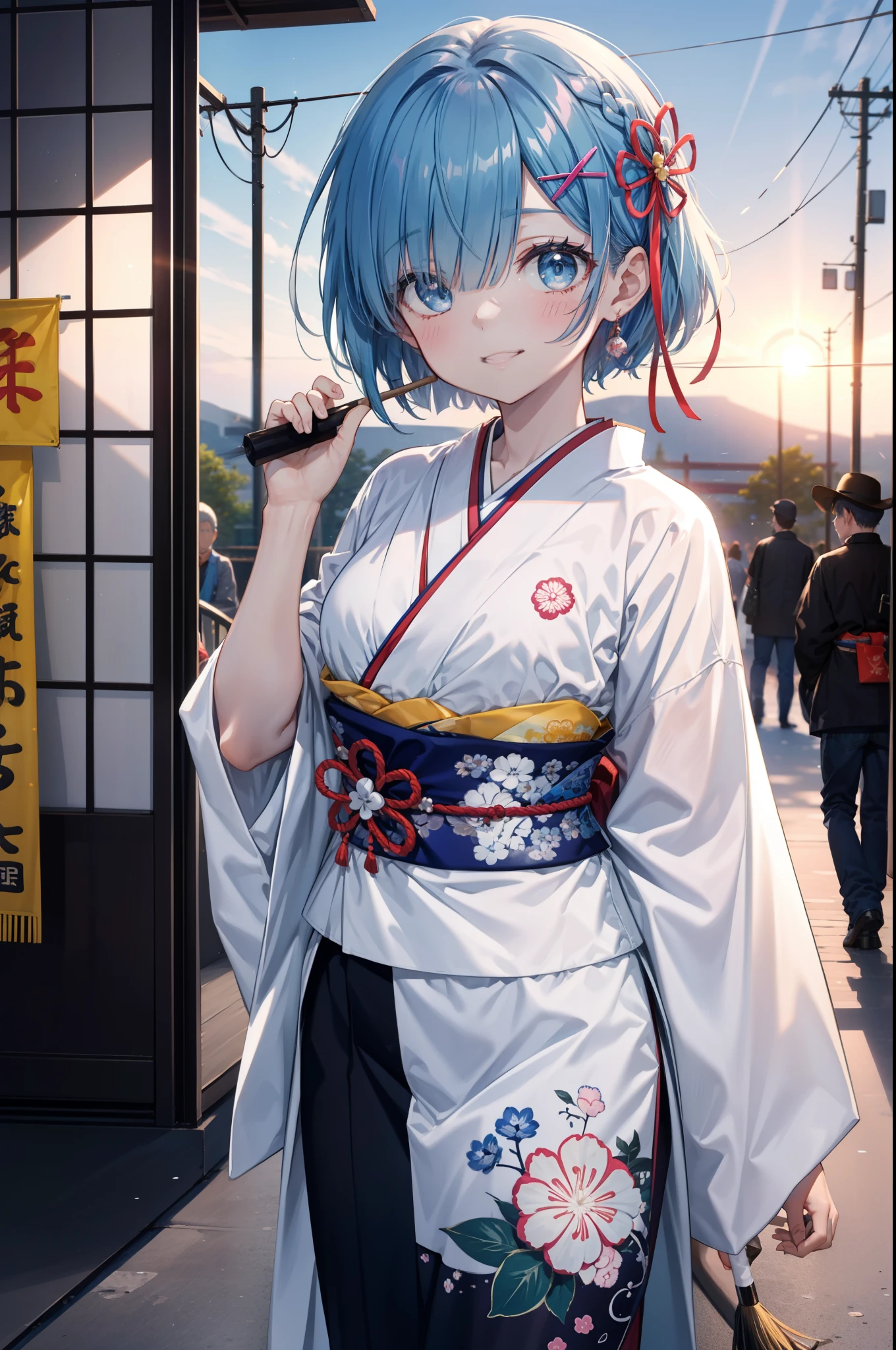 rezeroRem, Rem, blue eyes, Blue Hair, hair ornaments, Hair on one eye, hair ribbon, short hair, x hair ornaments,Blue Kimono,smile,blush,Open your mouth,whole bodyがイラストに入るように,evening,sunset,The sun is setting,日本のfestival,夏festivalの屋台,Red lantern,Holding a cotton candy stick in one hand,
break outdoors, festival,
break looking at viewer,whole body, (Cowboy Shot:1. 5),
break (masterpiece:1.2), Highest quality, High resolution, unity 8k wallpaper, (figure:0.8), (Beautiful attention to detail:1.6), extRemely detailed face, Perfect lighting, extRemely detailed CG, (Perfect hands, Perfect Anatomy),