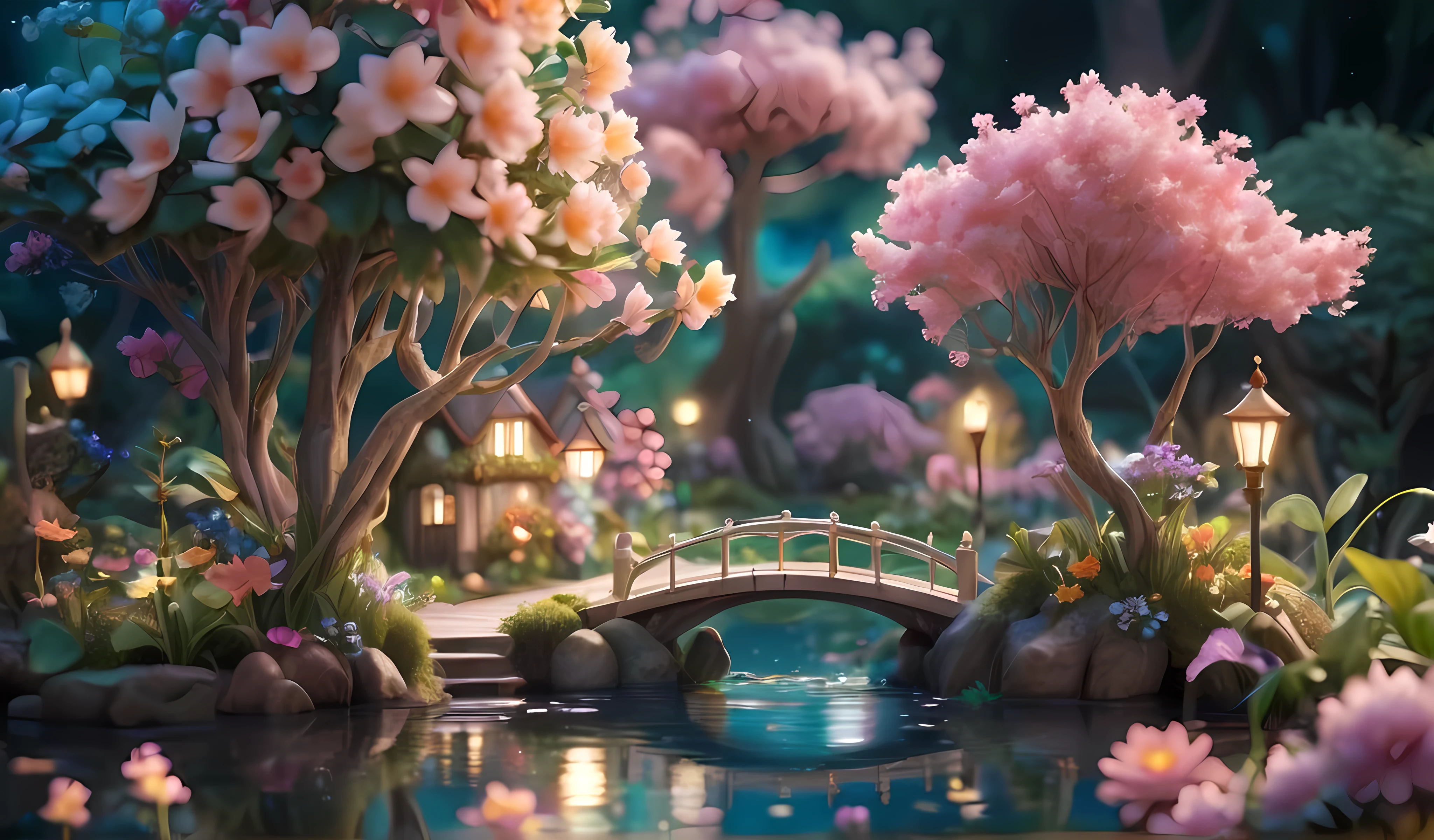 there is a girl on a small bridge over a pond with flowers and trees, 4k highly detailed digital art, beautiful art uhd 4 k, 8k high quality detailed art, 4k detailed digital art, beautiful render of a fairytale, 3d digital art 4k, beautiful composition 3 - d 4 k, cute detailed digital art, fairyland bridge, cute 3 d render