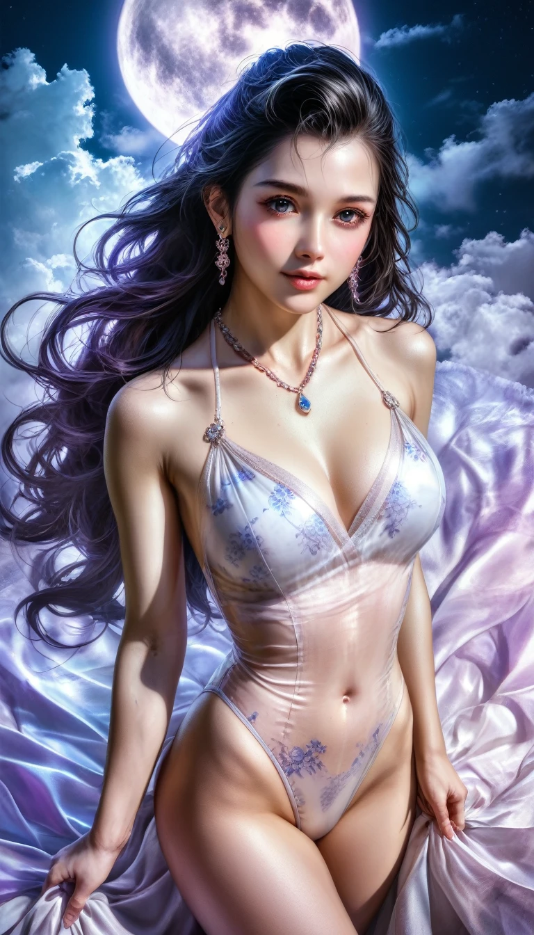 score_9, score_8_superior, score_7_superior, A masterpiece in 32K resolution,Highest quality,it is really amazing,Very detailed,Ultra-high resolution,(Ultra-realistic:1.5),(Realistic:1.5),Increased depth of field,Cinematic lighting,
(Elegant adult Japanese woman:1.4),
Long black hair,Ultra-detailed and beautiful face,(Gentle expression:1.1),Translucent white skin,(Realistic skin texture:1.1),
(Sexy Swimwear:1.1),
Bold design,Artistic design,Beautiful and detailed pattern,Detailed fabric texture,
Gorgeous necklace,Earrings,
Coastline at night,(Giant Moon:1.1),(Dark clouds floating in the dark night sky:1.1),
High angle,