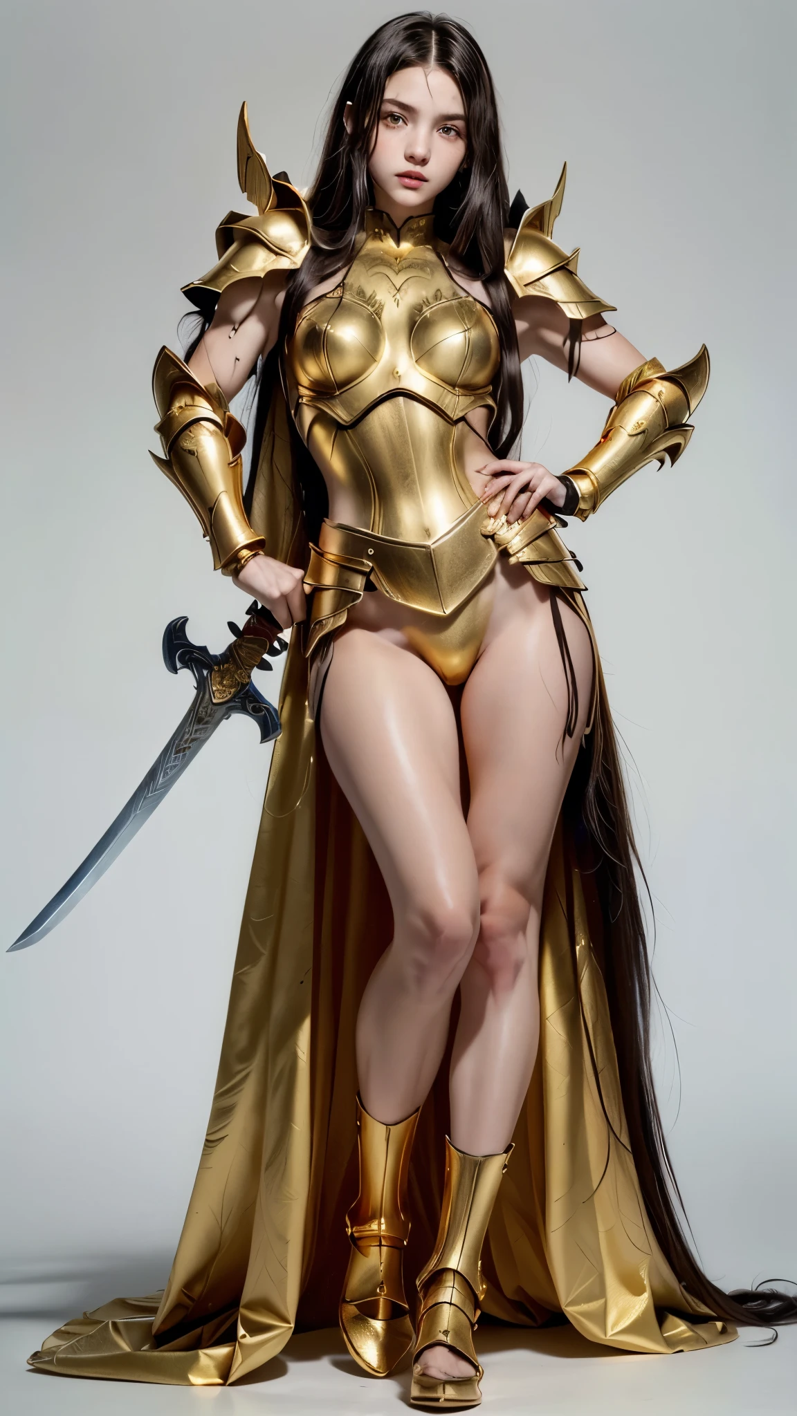 one in a golden costume holding a sword and a sword, gold heavy armor. Dramatic, wearing gold armour, fantasy paladin girl, angelic golden armour, wearing golden armour, wearing witch blade armor, gold armour, light gold armour, beautiful female paladin, sleek gold armour, wearing fantasy armor, golden armour, gold armour, girl in knight armor, golden armour,  ([long hair hair]:1.8), (full body:1.8), (upper body up:0.3), (hyper realistic:1.4), (realistic:1.3), (best quality real texture skin), Detailed eyes, detailed face, PERSEPHONE, (SFW:1.5) Hyperrealistic, LESS saggy breasts, (SMALL BREASTS:1.5), (HUGE LEGS:1.5), (LESS THIGHS:1.5), perfect legs, perfect legs, pernas added, pernas added e perfeitas, turned legs, shapely thighs, pernas added, Smooth Thighs. (erotic pose:1.5), (thick eyebrows:1.2), (big purple eyes:1.2), (ultra detailed eyes:1.4), (high resolution eyes:1.1), (ultra detailed skin texture:1.4), (Beautiful toned body:1.1), headband, (Moist skin:1.1), (sensual face:1.5), ( muscular, **li, , *****, , **ddlers, character:1.5), ((*****)), ((underage)), ((teenage))