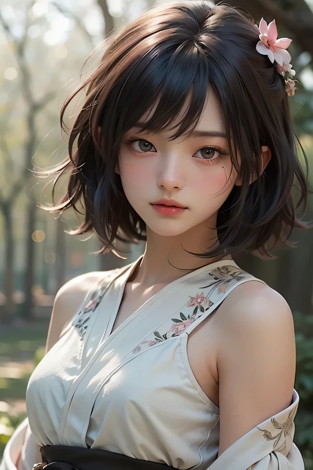 8k, RAW photo, Fujifilm, style photo of a perfect beautiful 22 years old kunoichi woman as avril in an natural empty savana, foggy air (highly detailed skin: 1.2) (detailed face: 1.2) detailed eyes, double eyeled, Style-Petal BREAK short hair with hair decoration, black layered hair with colored locks, wearing a simple white dress dress, film granulation, 35mm, cute style, act like picking flower, epic nature background, ( highly detailed full body potrait) (hyperrealistic potrait 1.4(), (masterpiece: 1.3), live photo, natural makeup face, perfect ideal body