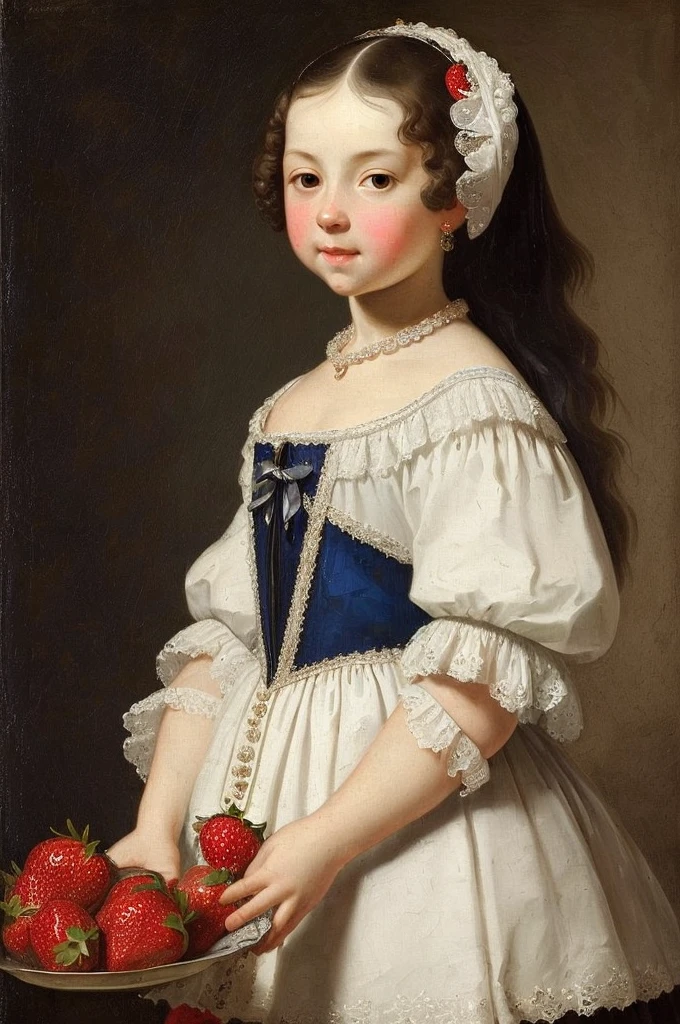 Girl with strawberry, correct details, 17th century, ((nicolaes maes detailing)), ((best quality)), ((masterpiece)), ((realistic)), (extreme detailing), ((nicolaes maes style))