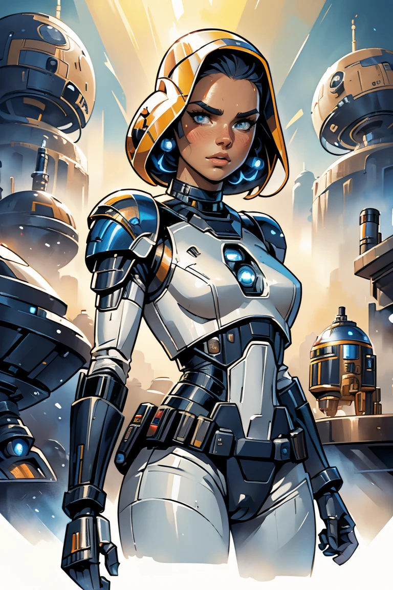a Star Wars droid based on Alina Lopez, star Wars, highly detailed cinematic sci-fi illustration, black outlining, full color illustration, in the style of BORIS VALLEJO & JULIE BELL, masterpiece, 8k, ultra-detailed, physically-based rendering, vivid colors, dramatic lighting, intricate background, photorealistic