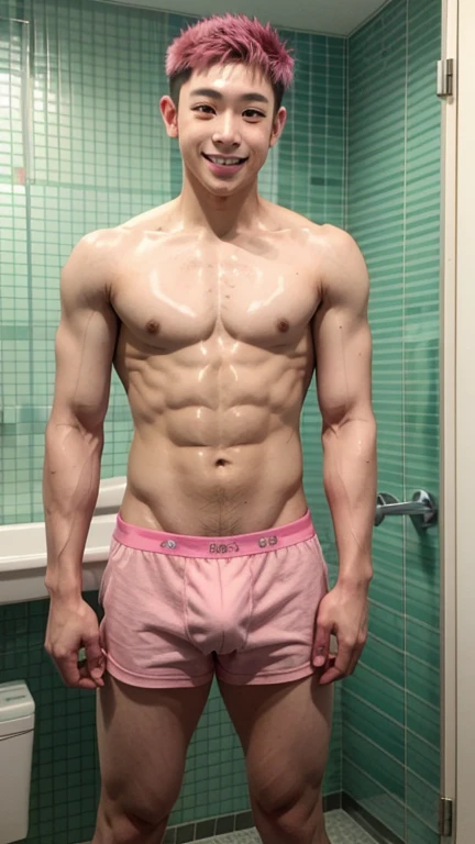 Japanese men、、Underdeveloped muscles and smooth skin、Undercut pink hair、Relaxed and friendly smile、Light green boxer briefs、The whole body is visible from toes to head、Posing in the bathroom、