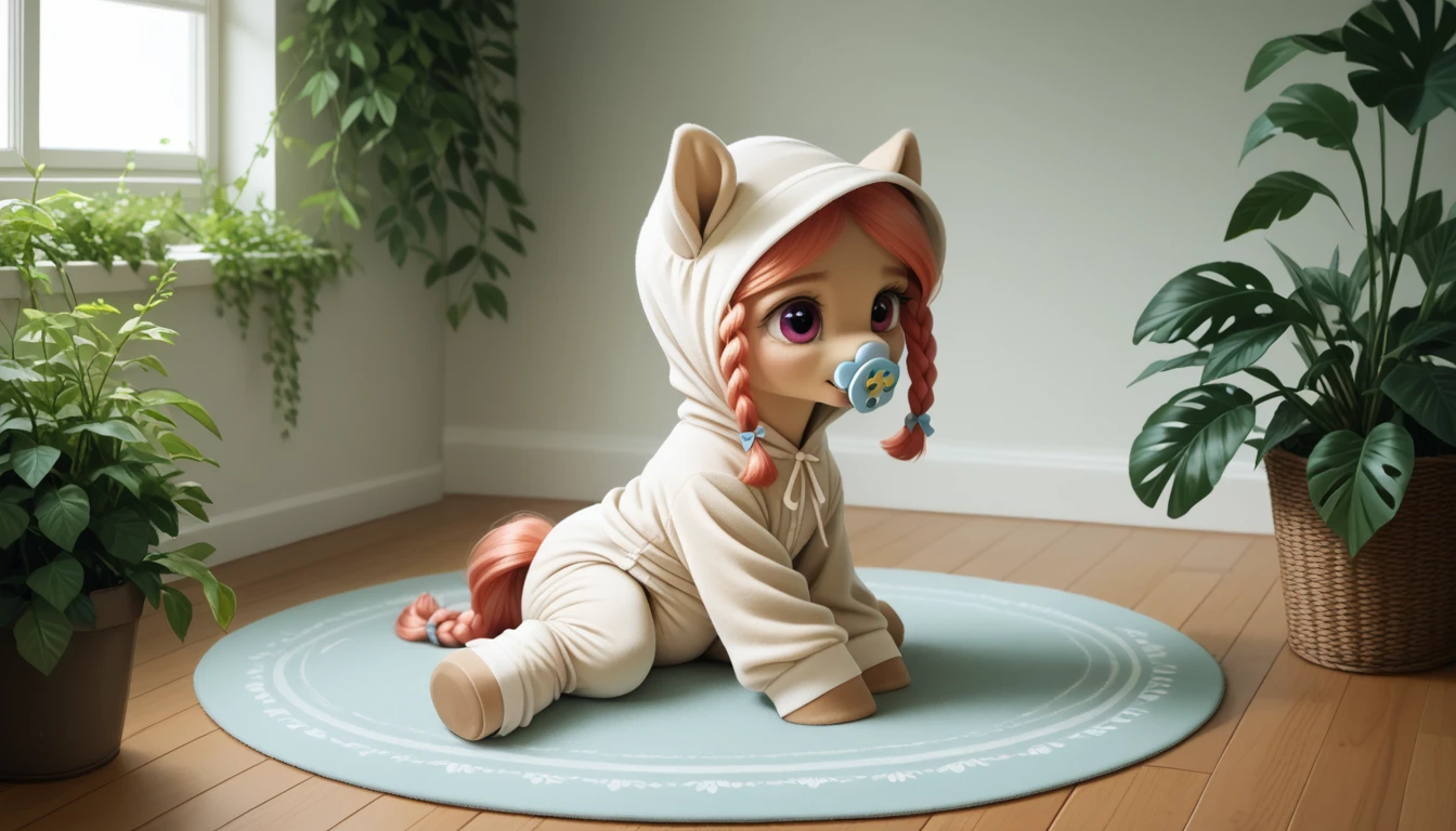 pony, beige earth pony, no horn, no wings, adult filly, lush mane braided, lush tail, sitting in the room on a soft play mat, dressed in an onesie, bonnet and booties, pacifier in her mouth, solo, thick diaper under her clothes.