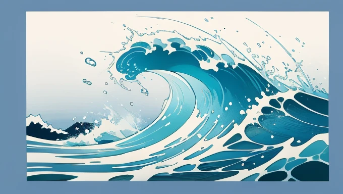 Wave design, Simple, pattern, Can draw, 美しいWave design, Japanese style、Ukiyo-e、No border、There is momentum、Monotonous colors、White background、Only waves、The ship crosses