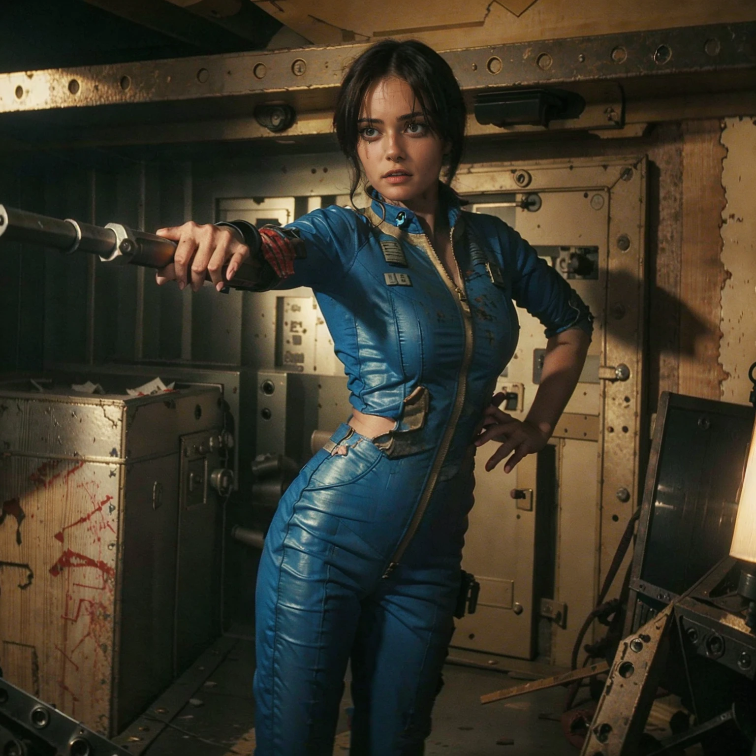 (One person). Fallout TV series. Inside a dimly lit large wreaked smoky room in a post-apocalyptic (casino) in Las Vegas. Vaultsuit Lucy, a 25 year-old vault dweller wearing a blue and gold vaultsuit unzipped top with bloodstains on the t-shirt underneath, her black hair disheveled, with a large ((gun)) in her hand, standing ready to defend herself.  Dark room with smoke and small fires in the rubble. Menacing shadows. Dramatic. Cinematic. realistic colors, realistic, photo-realistic. 