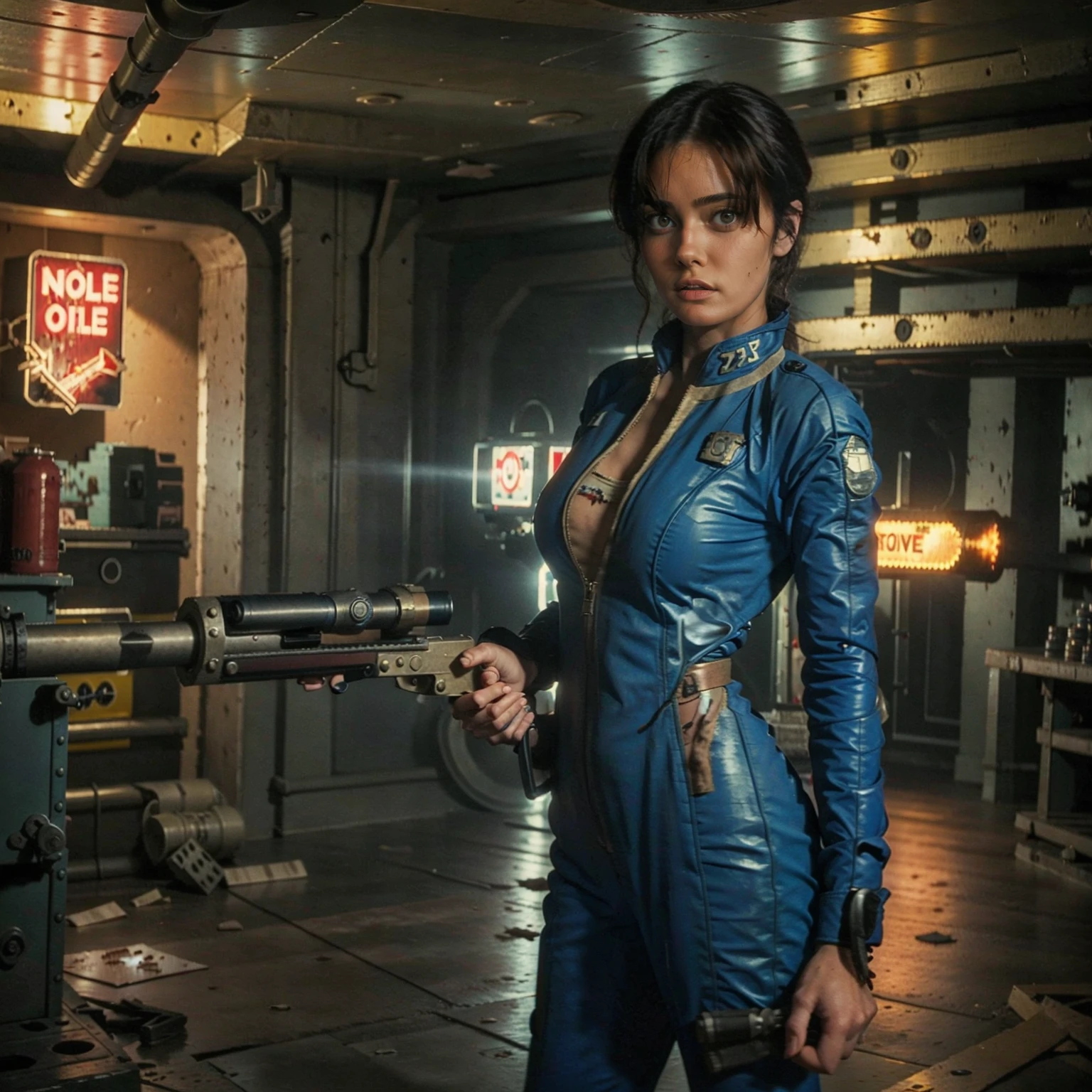 (One person). Fallout TV series. Inside a dimly lit large wreaked smoky room in a post-apocalyptic (casino) in Las Vegas. Vaultsuit Lucy, a 25 year-old vault dweller wearing a blue and gold vaultsuit unzipped top with bloodstains on the t-shirt underneath, her black hair disheveled, with a large ((gun)) in her hand, standing ready to defend herself.  Dark room with smoke and small fires in the rubble. Menacing shadows. Dramatic. Cinematic. realistic colors, realistic, photo-realistic. 