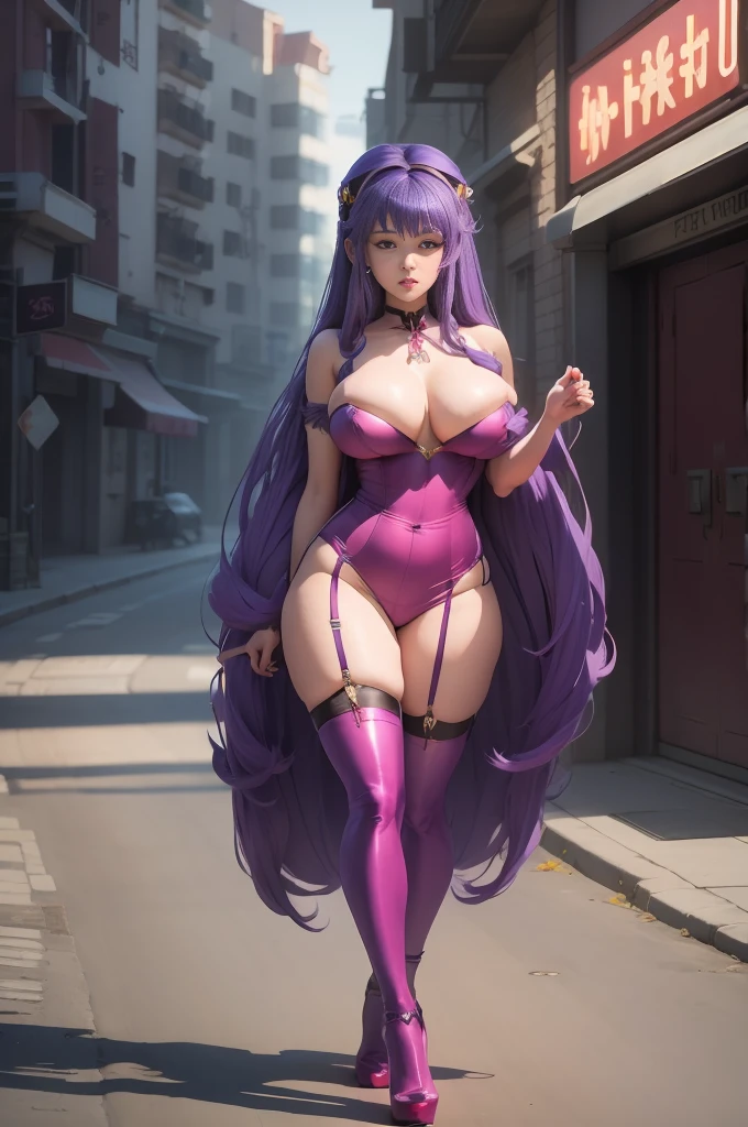 Shampoo beautiful with purple hair from head to toe, big breasts and big hips with garter belts, red dress showing half breasts and half vagina in the background, a fourth gamer that she is very close to the screen