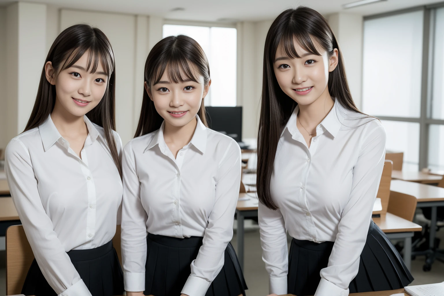 ((Highest quality, 8k, Masterpiece Details, Ultra-high resolution)), (Looking at the audience), (Full Shot:), 魅力的なビジネス 5-peopleの女の子, 5-people, Slender:0.25, A white, sleeveless, see-through, tight shirt with buttons on the collar and chest., Grey tight skirt, (sitting at a desk in an office), smile, CEO's Office,Big Breasts、Erect nipples、 in Japan:1.3), Adorable expression、Expressions of happiness、10 years old、height: 1ce、Amazingly cute、Cute type