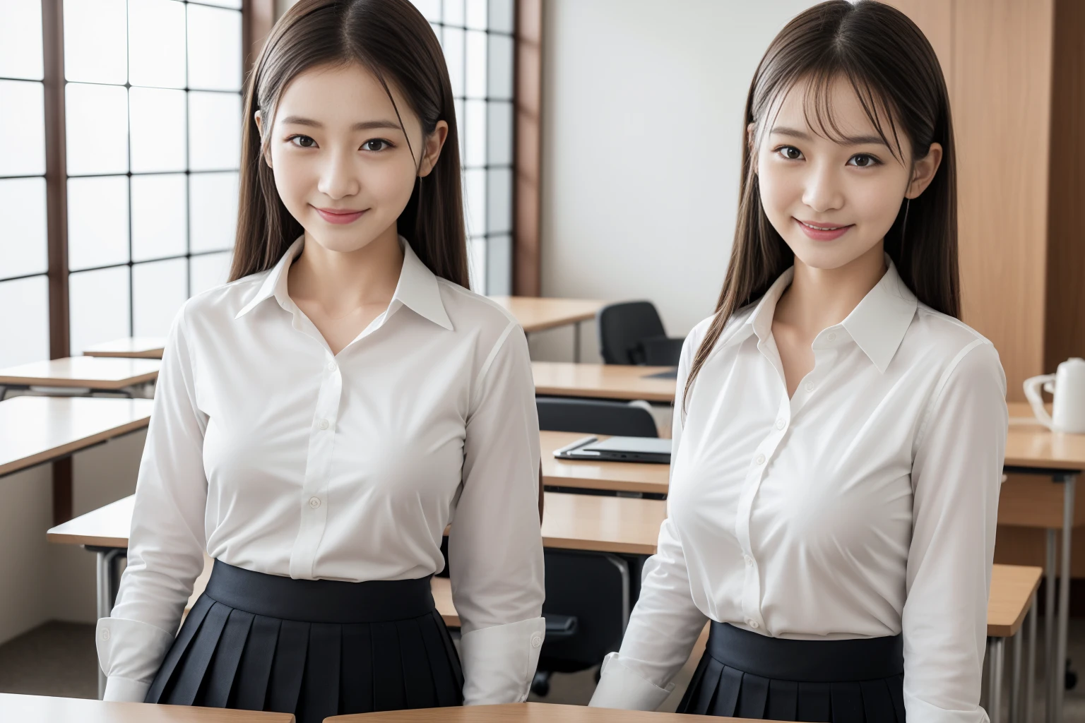((Highest quality, 8k, Masterpiece Details, Ultra-high resolution)), (Looking at the audience), (Full Shot:), 魅力的なビジネス 5-peopleの女の子, 5-people, Slender:0.25, A white, sleeveless, see-through, tight shirt with buttons on the collar and chest., Grey tight skirt, (sitting at a desk in an office), smile, CEO's Office,Big Breasts、Erect nipples、Elementary school girl in Japan:1.3), Adorable expression、Expressions of happiness、、height: 145cm、Baby Face、Amazingly cute、Cute type