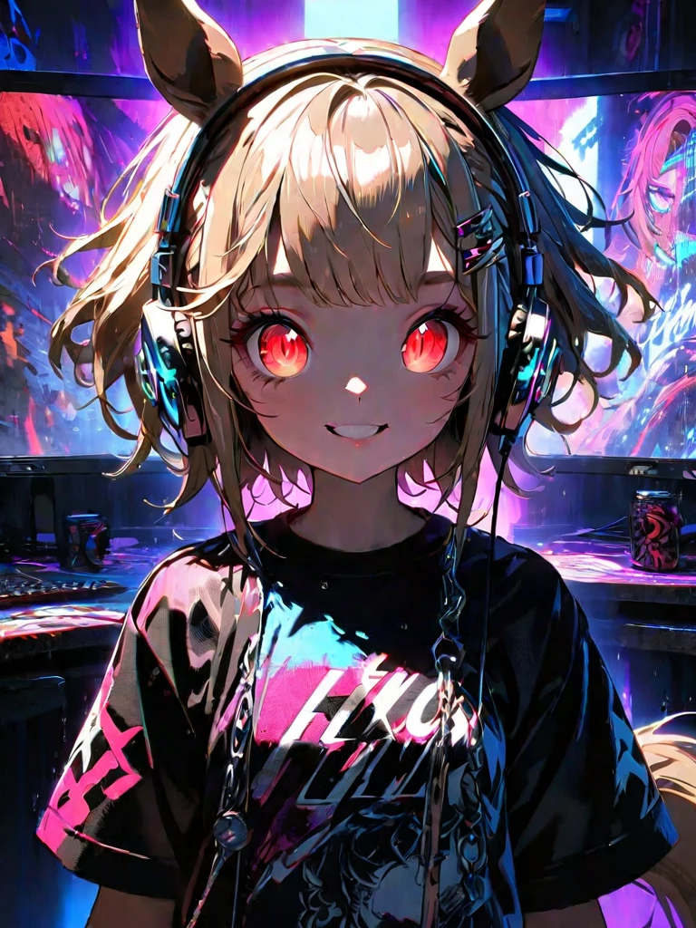 1 girl, chromatic aberration, Written boundary depth, Soft Light, masterpiece, Highest quality, complicated, Tone Mapping, Very detailed, Art Station, Concept Art, Smooth, Clear focus, Dramatic lighting, Very detailed artwork, movie, super practical painting, Art Station's trending, 8k, Incredible Shadows, practical, (Very detailed background:1.0), whole body, View, Viewers, Very detailed portrait of one girl 1, standing on street corner, Heavy rain and lightning、Dark Sky, neon and cyber punk background, she is dressed in punk clothing with silver chains and silver spikes, Her hair was dyed light brown......,The middle part is black, She is wearing headphones, Detailed red eyes with clear pupils, Ominous aura of light, smile, punk, ciber punk, Backlight.Has horse ears、There is a horse tail,Approaching the horse.No headphones needed、More Horses