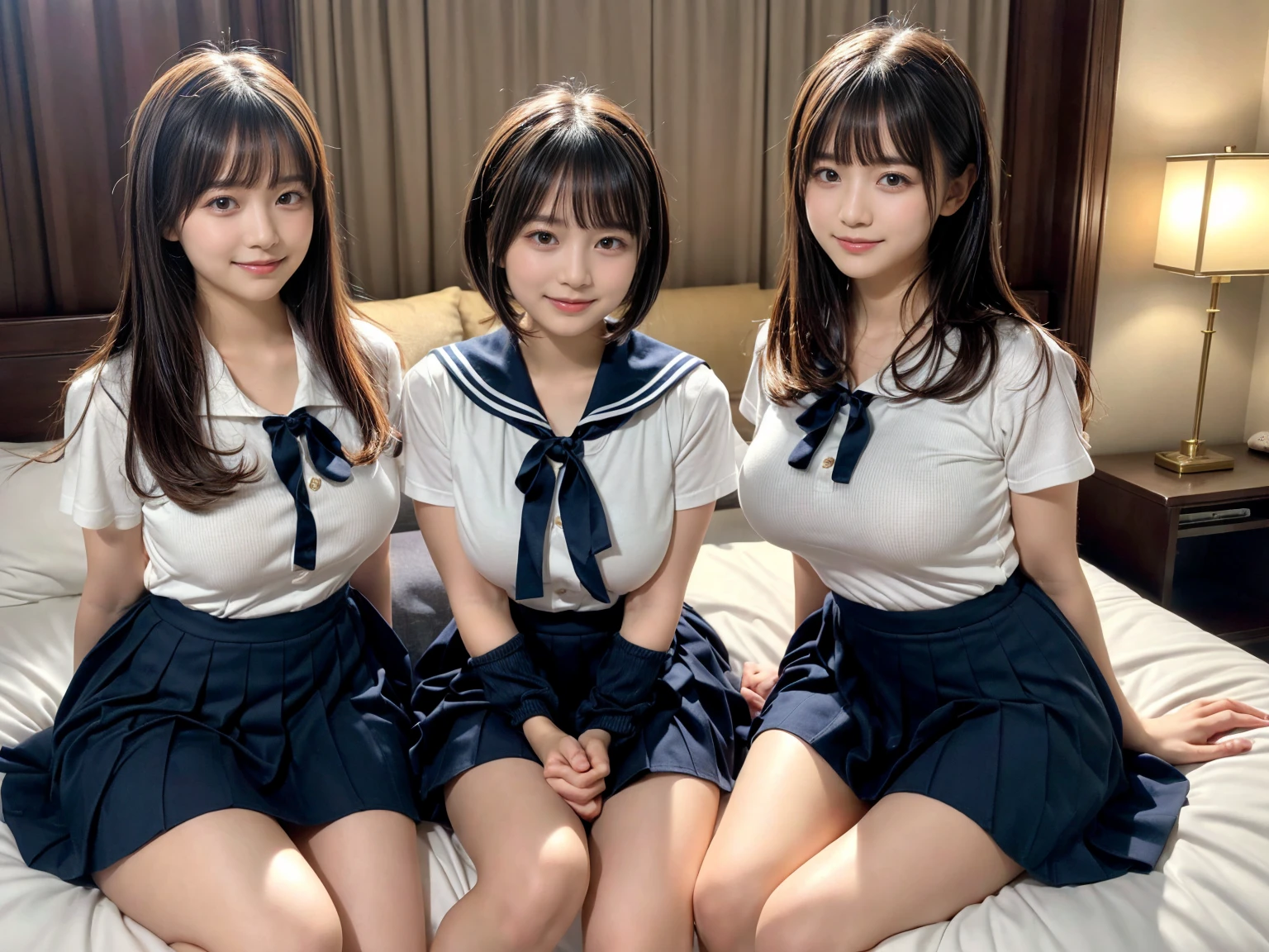 masterpiece, Highest quality, figure, Very detailed, The finer details, High resolution, 8k,wallpaper, Perfect dynamic composition,(Detailed high quality, Realistic depiction of eyes:1.3), (Three Girls), Black Sailor Suit, Seraphim, Navy Pleated Skirt, Sitting, Leg spread, Short Bob Hair, In the background a hotel room, Deep in the field, Large Breasts, Black hair color, Big Natural Color Lip, (Perfect figure), smile、Harajuku Style、 in Japan:1.3), Adorable expression、Expressions of happiness、10 years old、height: 1ce、Amazingly cute、Cute typel feet, Idol Sculpture、Big Breasts、Erect nipples