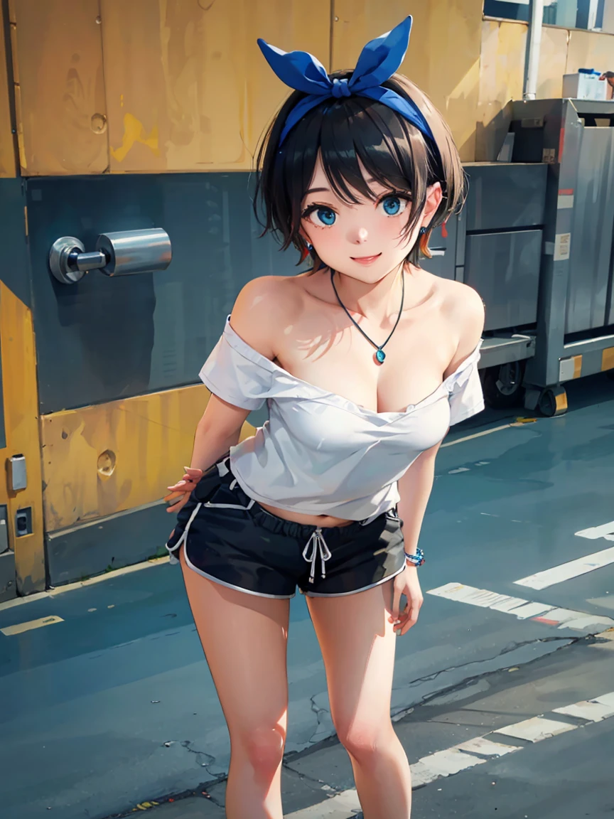 black hair, short hair, blue eyes,  ribbon, breasts, bow, hair ribbon, hairband, hair bow, bangs, large breasts, sarashina ruka, smile,
BREAK (off-shoulder shirt, shorts, jewelry, pendant:1.2),
BREAK full bodyesbian，Standing on the ground，Slim，long leges，Stand up straight，nothing background，Slim，extra long leg，A sagging breast,arms behind back,
BREAK ((top quality, 8k, masterpiece: 1.3, ultra hd, high quality, best quality, high definition, realism)), sharp focus: 1.5, Beautiful woman with Slim body, (perfect hands, perfect anatomy),