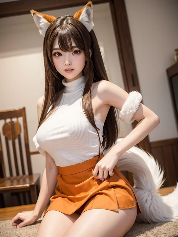 ((Highest quality, 8k)), ((masterpiece)), (Highest Resolution), Perfect Face, Fox Girl, high school girl, Beautiful woman, public, One tail, she has thick thighs, Big tail, She has an orange fox tail., She wags her tail, smile, Fur collar, She is wearing a short skirt, Beautiful Hips , Big Breasts, The skirt is rolled up at her tail