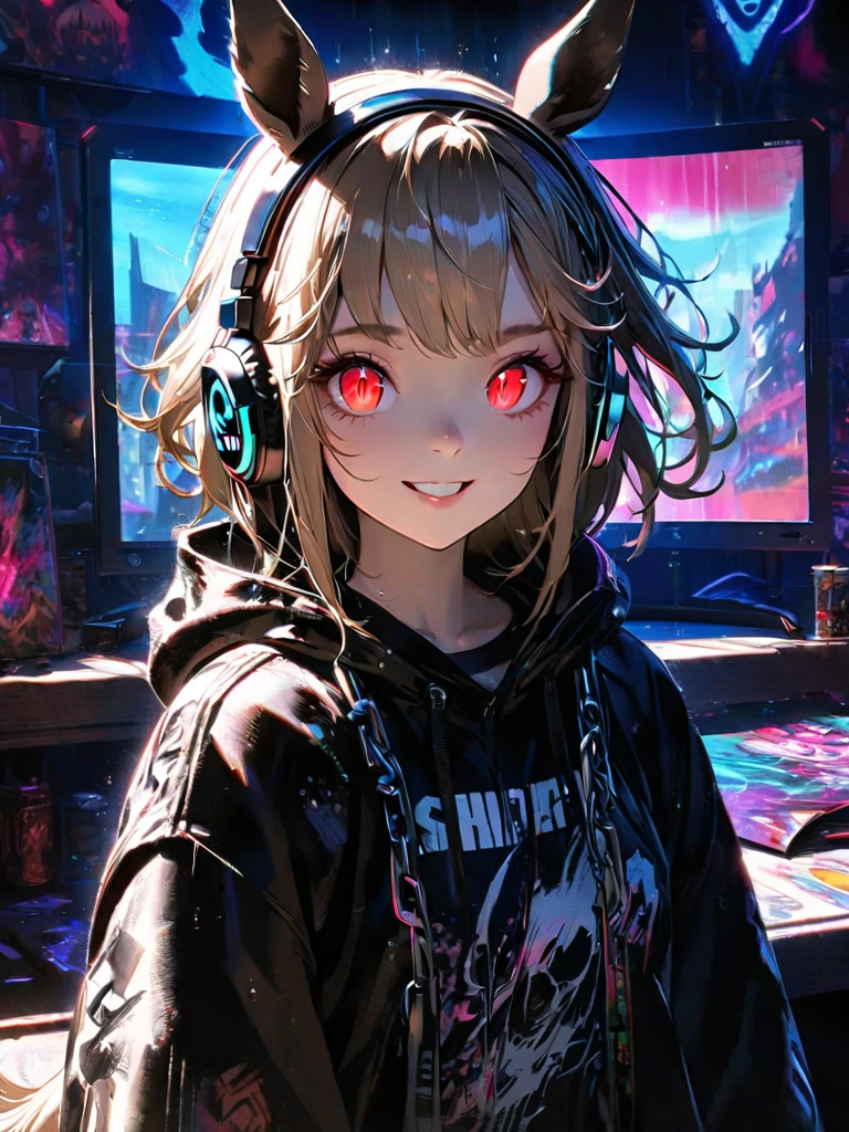 1 girl, chromatic aberration, Written boundary depth, Soft Light, masterpiece, Highest quality, complicated, Tone Mapping, Very detailed, Art Station, Concept Art, Smooth, Clear focus, Dramatic lighting, Very detailed artwork, movie, super practical painting, Art Station's trending, 8k, Incredible Shadows, practical, (Very detailed background:1.0), whole body, View, Viewers, Very detailed portrait of one girl 1, standing on street corner, Heavy rain and lightning、Dark Sky, neon and cyber punk background, she is dressed in punk clothing with silver chains and silver spikes, Her hair was dyed light brown......,The middle part is black, She is wearing headphones, Detailed red eyes with clear pupils, Ominous aura of light, smile, punk, ciber punk, Backlight.Has horse ears、There is a horse tail,Approaching the horse.No headphones needed、More Horses