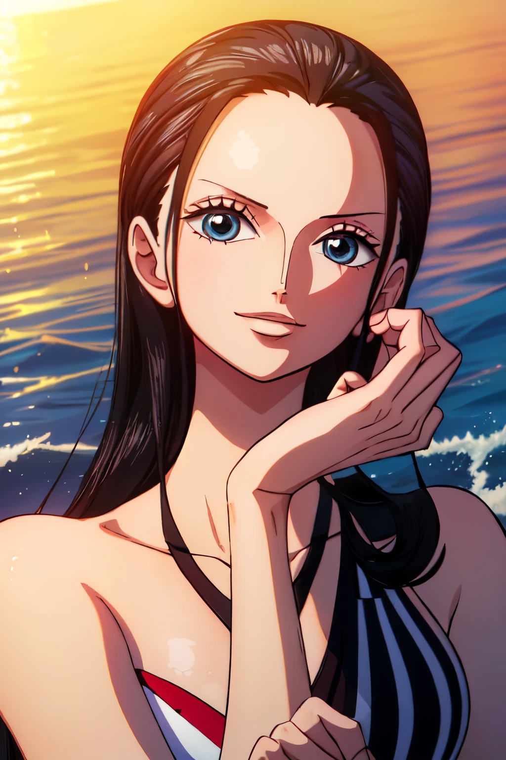 Highest quality, masterpiece, Across the sea,1 personの*** (((Red dress with slit)))、Beautiful sunshine on the beach, one pieceキャラクター (Nico Robin), ((long, straight black hair)), smile, Very beautiful, Looking at the audience, Big Breasts:1.6. (Highest quality, 8k, masterpiece:1.3)), Detailed eyes, (View from the front), Looking at the camera, ((Everything is Shining、Reflects light:1.2)), (Optimal ratio: Four fingers, One thumb), (Portraiture), 1 person, Nico Robin ((one piece)), Beautiful woman with perfect body, Highly detailed face and skin texture,Put accessories on your head, Point the finger at the viewer,(((Beautiful white bikini)))